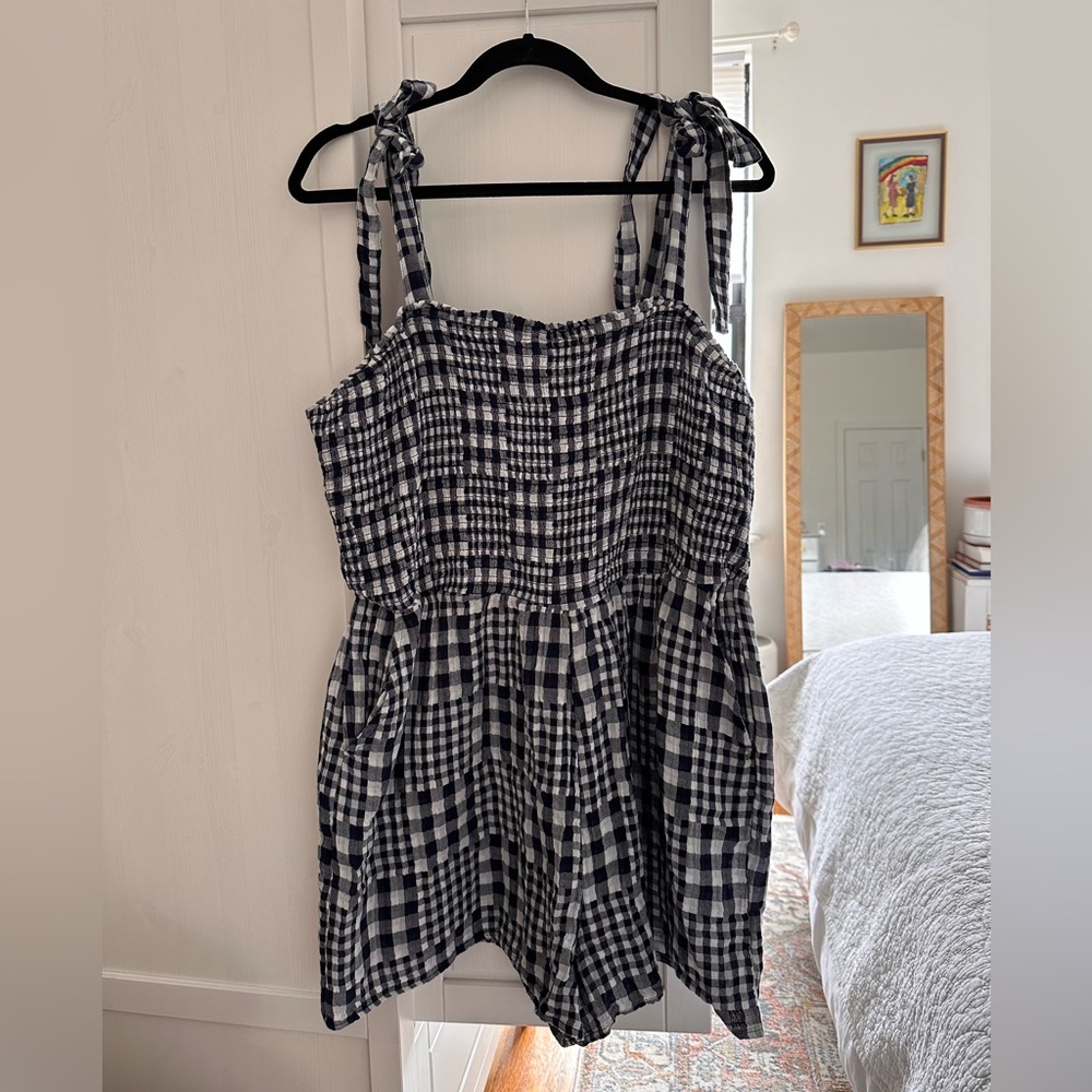 Patchwork gingham romper with bow straps